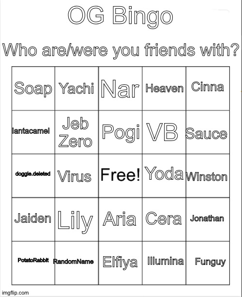 Blank Bingo | OG Bingo; Who are/were you friends with? Nar; Yachi; Cinna; Soap; Heaven; Pogi; Iantacamel; Sauce; VB; Jeb Zero; Yoda; doggie.deleted; Winston; Virus; Jaiden; Lily; Jonathan; Cera; Aria; RandomName; Funguy; PotatoRabbit; Elfiya; Illumina | image tagged in blank bingo | made w/ Imgflip meme maker