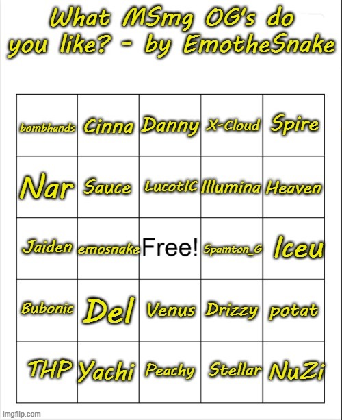 What MSmg OG's do you like? - bingo by EmotheSnake | image tagged in what msmg og's do you like - bingo by emothesnake | made w/ Imgflip meme maker