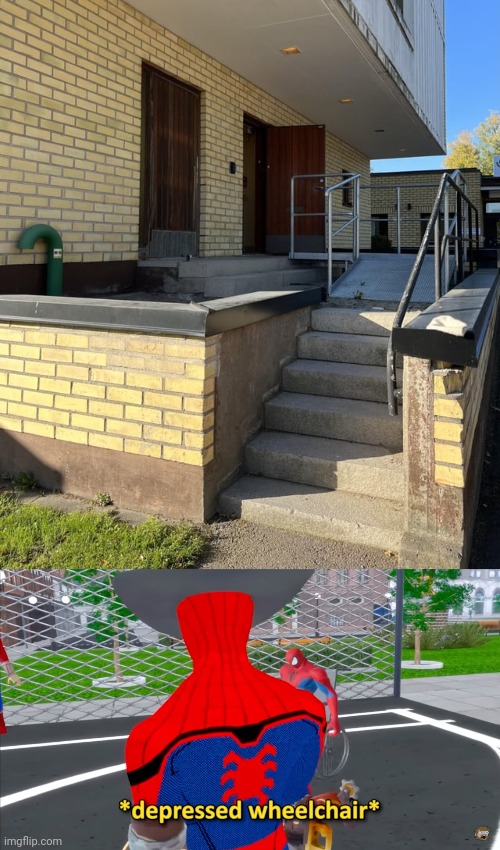 Stairs and a sloping ramp combination | image tagged in depressed wheelchair,stairs,ramp,you had one job,memes,building | made w/ Imgflip meme maker
