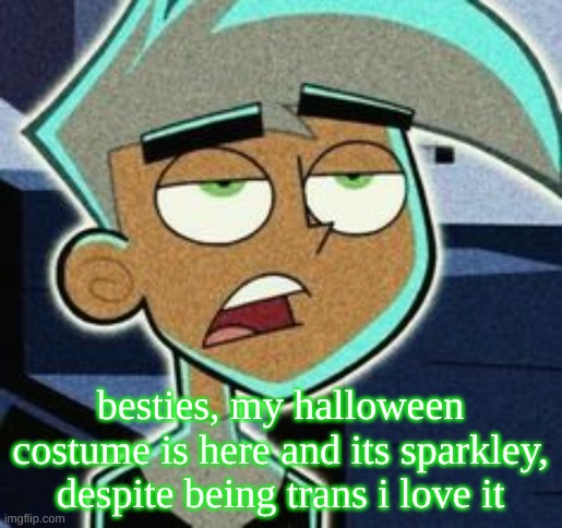 slay | besties, my halloween costume is here and its sparkley, despite being trans i love it | image tagged in slay | made w/ Imgflip meme maker