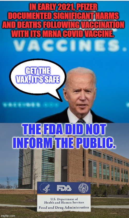 Why didn't the FDA Inform the Public? | IN EARLY 2021, PFIZER DOCUMENTED SIGNIFICANT HARMS AND DEATHS FOLLOWING VACCINATION WITH ITS MRNA COVID VACCINE. GET THE VAX, IT'S SAFE; THE FDA DID NOT INFORM THE PUBLIC. | image tagged in big pharma fascism,fda,covid vaccine,truth | made w/ Imgflip meme maker