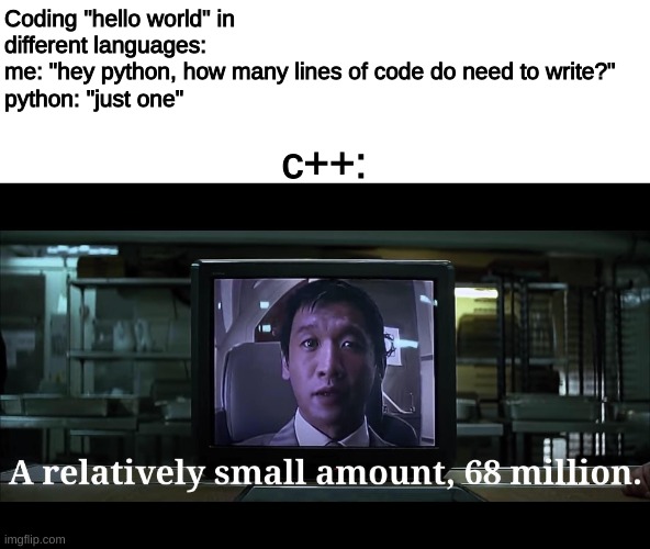 coding | Coding "hello world" in different languages:
me: "hey python, how many lines of code do need to write?"
python: "just one"; c++: | image tagged in a relatively small amount 68 million | made w/ Imgflip meme maker