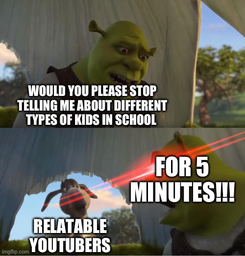 Enough is enough | WOULD YOU PLEASE STOP TELLING ME ABOUT DIFFERENT TYPES OF KIDS IN SCHOOL; FOR 5 MINUTES!!! RELATABLE YOUTUBERS | image tagged in shrek for five minutes | made w/ Imgflip meme maker