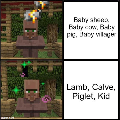 Minecraft baby mobs be like | Baby sheep, Baby cow, Baby pig, Baby villager; Lamb, Calve, Piglet, Kid | image tagged in drake meme but it's the minecraft villager,minecraft | made w/ Imgflip meme maker