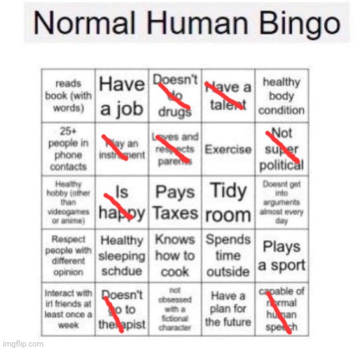 Guess I'm not really a normal human then | image tagged in normal human bingo,idk stuff s o u p carck | made w/ Imgflip meme maker