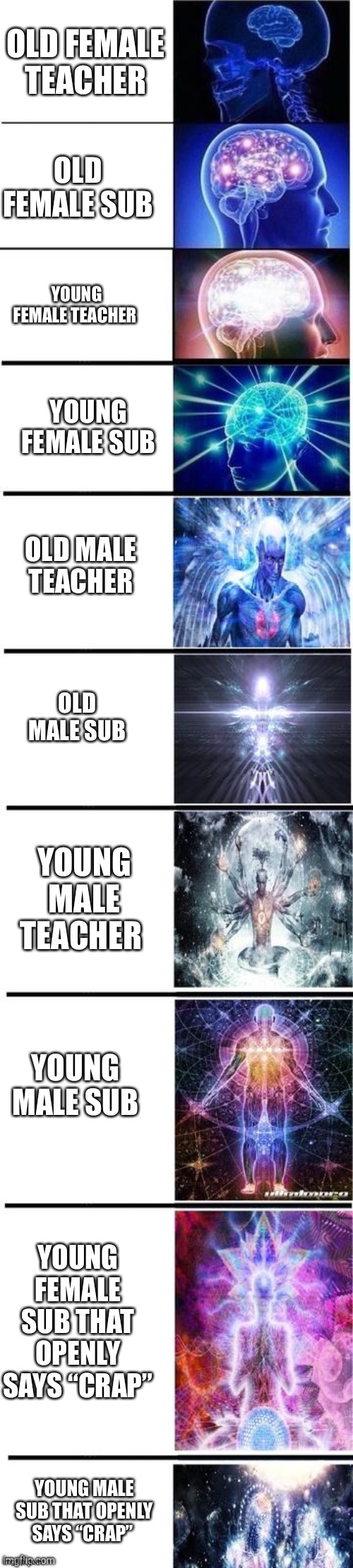 Based off of my experience lol | OLD FEMALE TEACHER; OLD FEMALE SUB; YOUNG FEMALE TEACHER; YOUNG FEMALE SUB; OLD MALE TEACHER; OLD MALE SUB; YOUNG MALE TEACHER; YOUNG MALE SUB; YOUNG FEMALE SUB THAT OPENLY SAYS “CRAP”; YOUNG MALE SUB THAT OPENLY SAYS “CRAP” | image tagged in expanding brain 10 panel,brain,teachers,school | made w/ Imgflip meme maker
