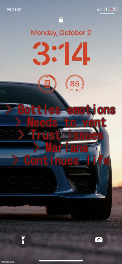 Sallie.may's Hellcat Temp | > Bottles emotions
> Needs to vent
> Trust issues
> Mariana
> Continues life | image tagged in sallie may's hellcat temp | made w/ Imgflip meme maker