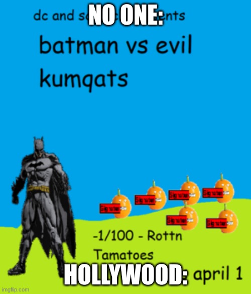 Scratch kumquats | NO ONE:; HOLLYWOOD: | image tagged in scratch kumquats | made w/ Imgflip meme maker