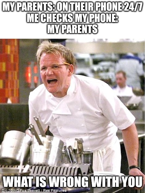 Chef Gordon Ramsay Meme | MY PARENTS: ON THEIR PHONE 24/7
ME CHECKS MY PHONE:
MY PARENTS; WHAT IS WRONG WITH YOU | image tagged in memes,chef gordon ramsay | made w/ Imgflip meme maker