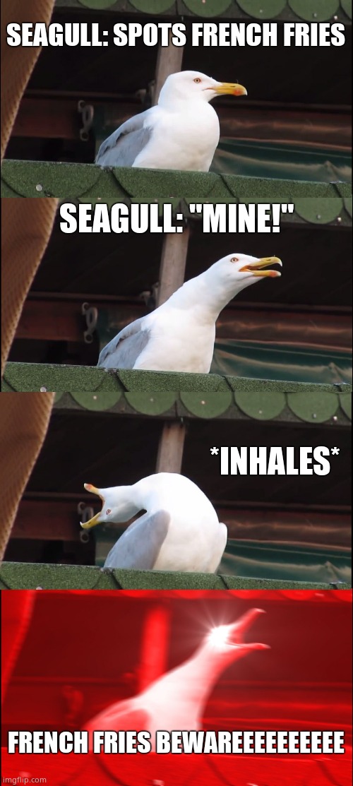 Ai made it | SEAGULL: SPOTS FRENCH FRIES; SEAGULL: "MINE!"; *INHALES*; FRENCH FRIES BEWAREEEEEEEEEE | image tagged in memes,inhaling seagull | made w/ Imgflip meme maker