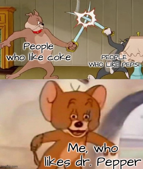 Yes. I am intellectually superior. | People who like coke; PEOPLE WHO LIKE PEPSI; Me, who likes dr. Pepper | image tagged in tom and jerry swordfight,dr pepper,coke,pepsi,tom and jerry | made w/ Imgflip meme maker