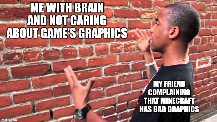 I don't care with game graphics | ME WITH BRAIN AND NOT CARING ABOUT GAME'S GRAPHICS; MY FRIEND COMPLAINING THAT MINECRAFT HAS BAD GRAPHICS | image tagged in talking to wall,minecraft | made w/ Imgflip meme maker
