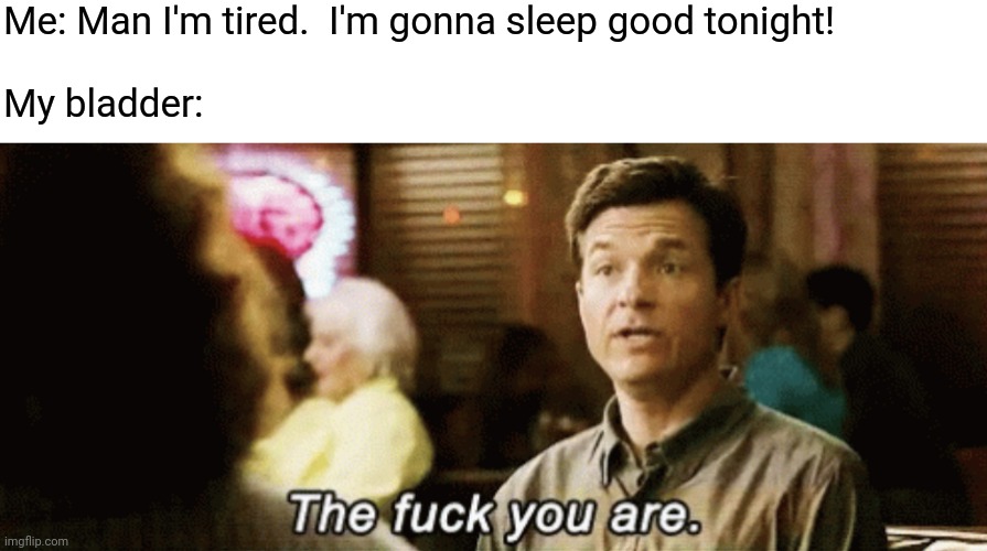 I hate getting older | Me: Man I'm tired.  I'm gonna sleep good tonight!
 
My bladder: | image tagged in the f you are,memes,fun,getting old | made w/ Imgflip meme maker