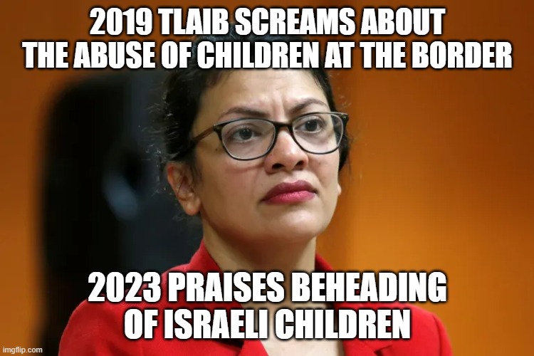 tlaib | 2019 TLAIB SCREAMS ABOUT THE ABUSE OF CHILDREN AT THE BORDER; 2023 PRAISES BEHEADING OF ISRAELI CHILDREN | made w/ Imgflip meme maker
