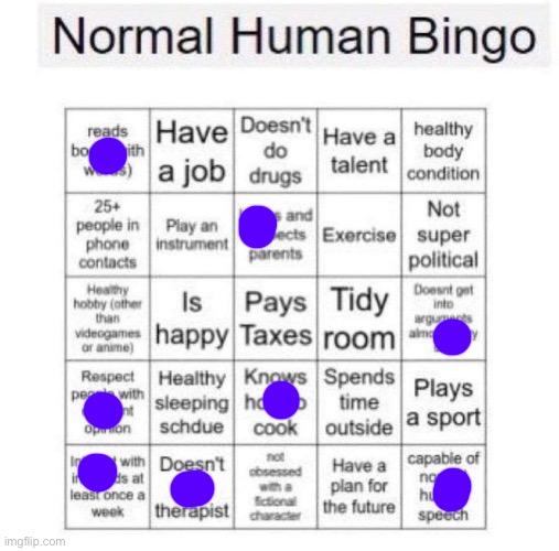 Me in a nutshell,didnt mark the obsession with cartoon character thing | image tagged in normal human bingo | made w/ Imgflip meme maker