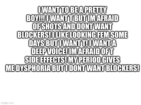 JAKDBDISHAJAKMS | I WANT TO BE A PRETTY BOY!!! I WANT T BUT IM AFRAID OF SHOTS AND DONT WANT BLOCKERS! I LIKE LOOKING FEM SOME DAYS BUT I WANT T! I WANT A DEEP VOICE! IM AFRAID OF T SIDE EFFECTS! MY PERIOD GIVES ME DYSPHORIA BUT I DONT WANT BLOCKERS! | made w/ Imgflip meme maker