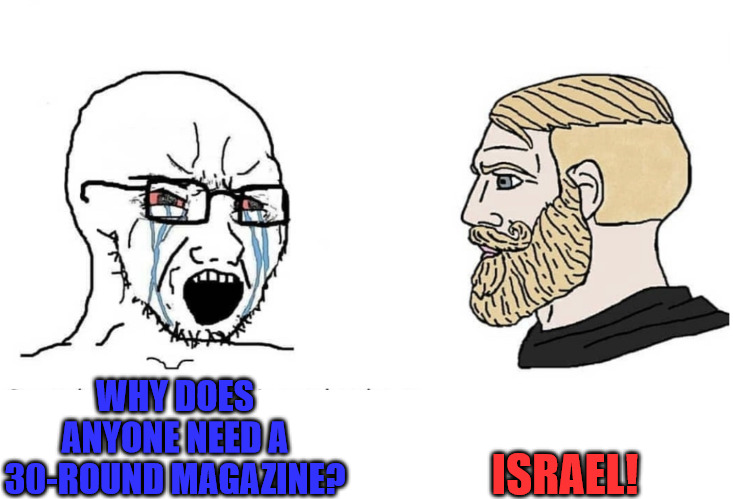 30-Round Magazines | ISRAEL! WHY DOES ANYONE NEED A 30-ROUND MAGAZINE? | image tagged in soyboy vs yes chad | made w/ Imgflip meme maker