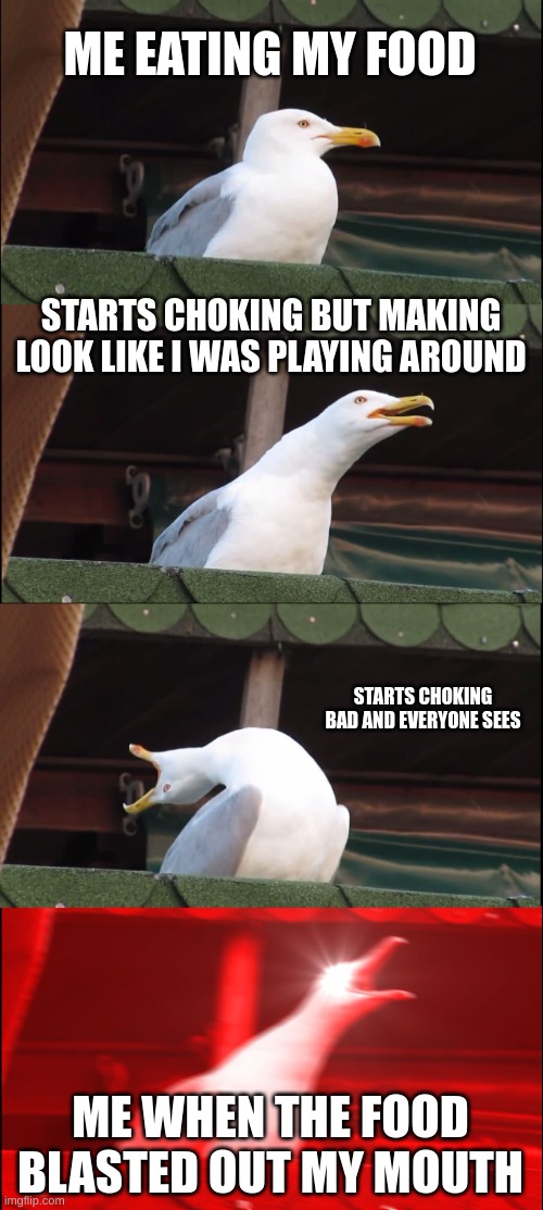 food | ME EATING MY FOOD; STARTS CHOKING BUT MAKING LOOK LIKE I WAS PLAYING AROUND; STARTS CHOKING BAD AND EVERYONE SEES; ME WHEN THE FOOD BLASTED OUT MY MOUTH | image tagged in memes,inhaling seagull | made w/ Imgflip meme maker