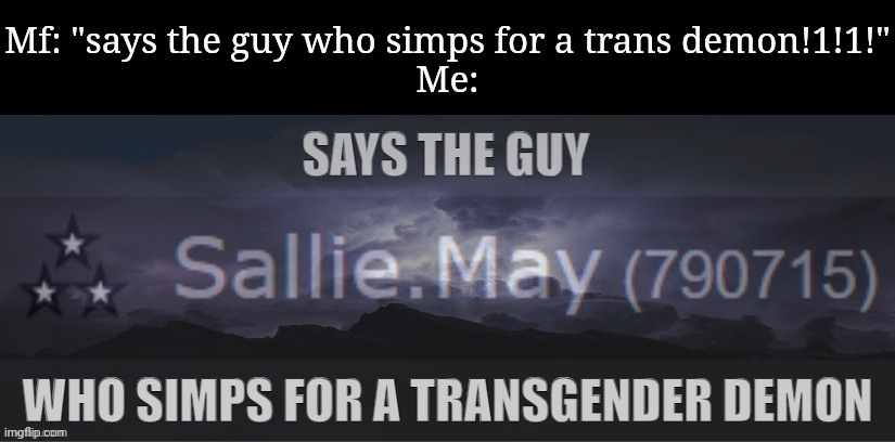 Y'all use it as an insult, but I'm the mf who made this, I own up to that. | Mf: "says the guy who simps for a trans demon!1!1!"
Me: | image tagged in says the guy | made w/ Imgflip meme maker