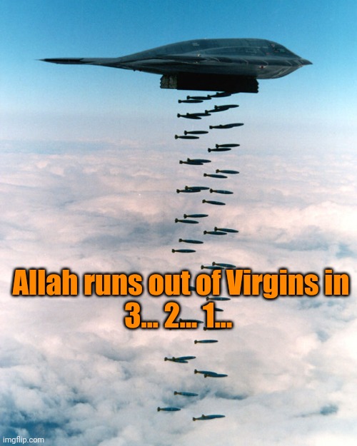 Just the ones reserved for Hamas. | Allah runs out of Virgins in
3... 2... 1... | image tagged in b2 bombing run | made w/ Imgflip meme maker