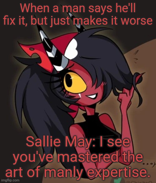 Ai text kills me | When a man says he'll fix it, but just makes it worse; Sallie May: I see you've mastered the art of manly expertise. | image tagged in sallie may | made w/ Imgflip meme maker