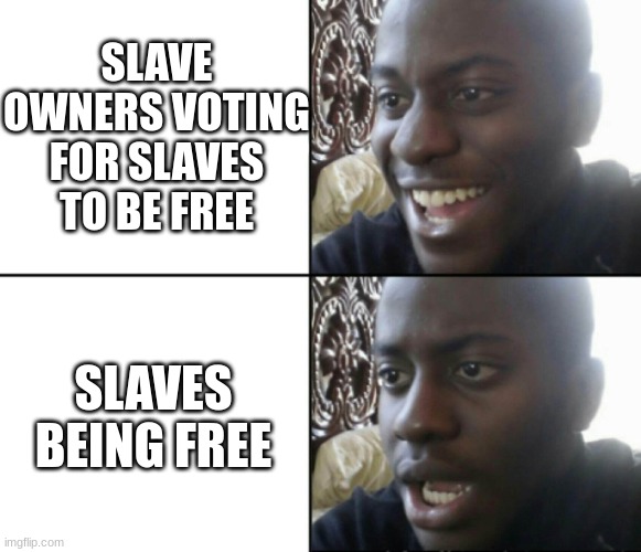 I'm gonna have so many- wait where are you all going? | SLAVE OWNERS VOTING FOR SLAVES TO BE FREE; SLAVES BEING FREE | image tagged in happy / shock | made w/ Imgflip meme maker