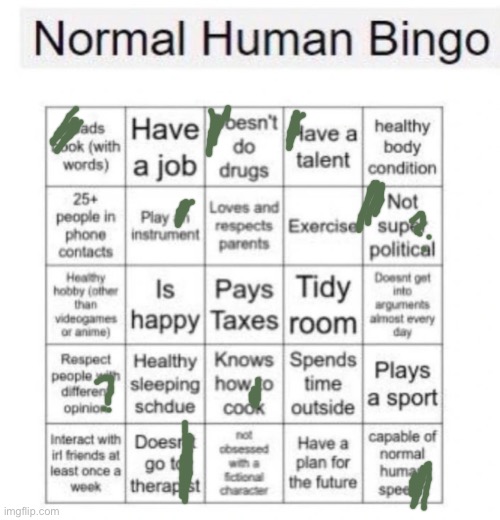 well | image tagged in normal human bingo | made w/ Imgflip meme maker