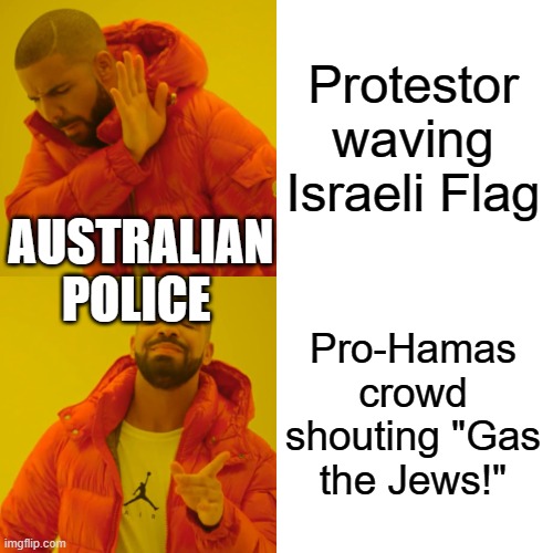 Drake Hotline Bling | Protestor waving Israeli Flag; AUSTRALIAN POLICE; Pro-Hamas crowd shouting "Gas the Jews!" | image tagged in memes,drake hotline bling | made w/ Imgflip meme maker