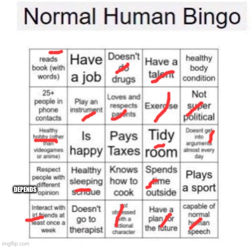 Normal human bingo | DEPENDS | image tagged in normal human bingo | made w/ Imgflip meme maker