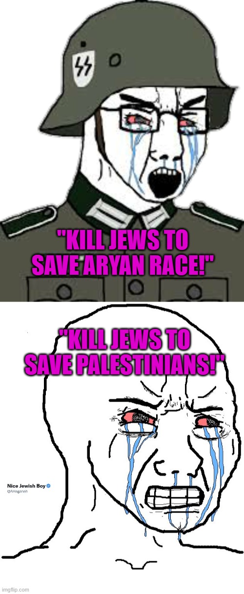 Same blood lust, same desires, same targets | "KILL JEWS TO SAVE ARYAN RACE!"; "KILL JEWS TO SAVE PALESTINIANS!" | image tagged in nazi wojak,palestinians,hamas,murderers,terrorists | made w/ Imgflip meme maker