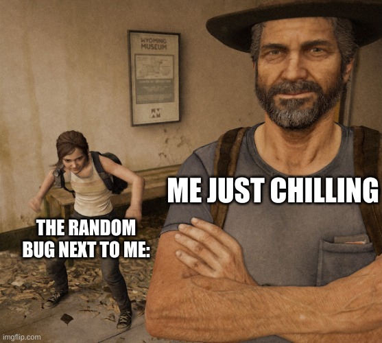Me and bug | THE RANDOM BUG NEXT TO ME:; ME JUST CHILLING | image tagged in joel and ellie museum,the last of us | made w/ Imgflip meme maker