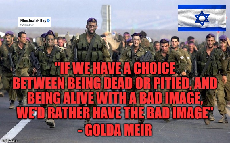 Golda Meir's Timeless Wisdom | "IF WE HAVE A CHOICE BETWEEN BEING DEAD OR PITIED, AND BEING ALIVE WITH A BAD IMAGE, WE'D RATHER HAVE THE BAD IMAGE"; - GOLDA MEIR | image tagged in israel,golda meir,idf | made w/ Imgflip meme maker