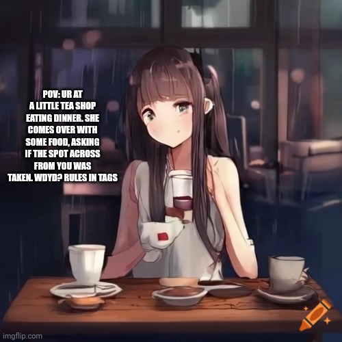 Rules in tags | POV: UR AT A LITTLE TEA SHOP EATING DINNER. SHE COMES OVER WITH SOME FOOD, ASKING IF THE SPOT ACROSS FROM YOU WAS TAKEN. WDYD? RULES IN TAGS | image tagged in if romance then she is straight,no joke ocs | made w/ Imgflip meme maker