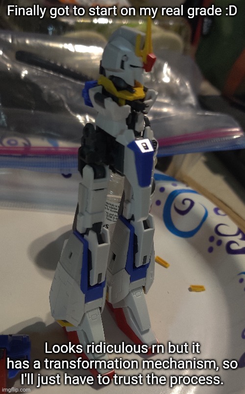 Finally got to start on my real grade :D; Looks ridiculous rn but it has a transformation mechanism, so I'll just have to trust the process. | made w/ Imgflip meme maker