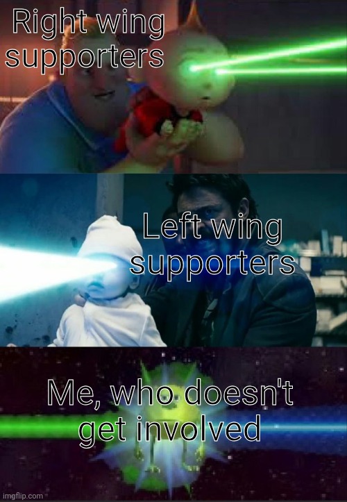 My dumb arse doesn't understand yall | Right wing supporters; Left wing supporters; Me, who doesn't get involved | image tagged in laser babies to mike wazowski,chaos,why are you reading the tags | made w/ Imgflip meme maker