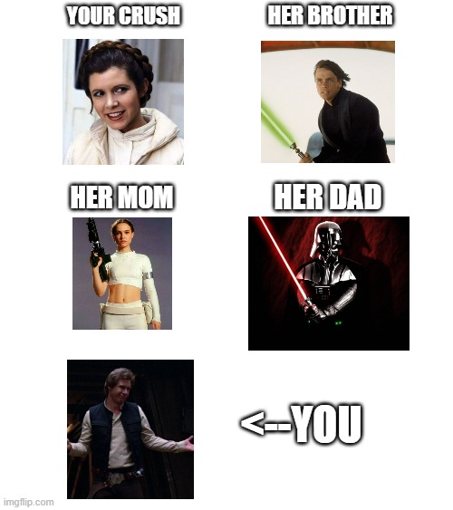 meet the family | HER BROTHER; YOUR CRUSH; HER MOM; HER DAD; <--YOU | image tagged in star wars | made w/ Imgflip meme maker