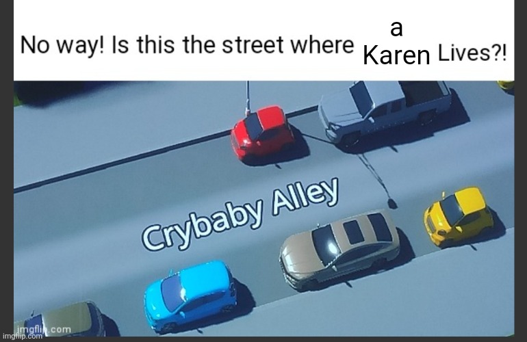 Crybaby Karen | a Karen | image tagged in is this the street where blank lives,crybaby,karen,karens,memes,meme | made w/ Imgflip meme maker