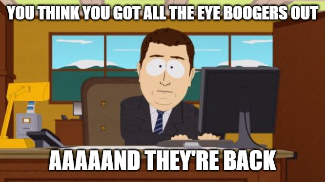 Aaaaand Its Gone Meme | YOU THINK YOU GOT ALL THE EYE BOOGERS OUT; AAAAAND THEY'RE BACK | image tagged in memes,aaaaand its gone | made w/ Imgflip meme maker