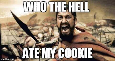 Sparta Leonidas Meme | WHO THE HELL  ATE MY COOKIE | image tagged in memes,sparta leonidas | made w/ Imgflip meme maker