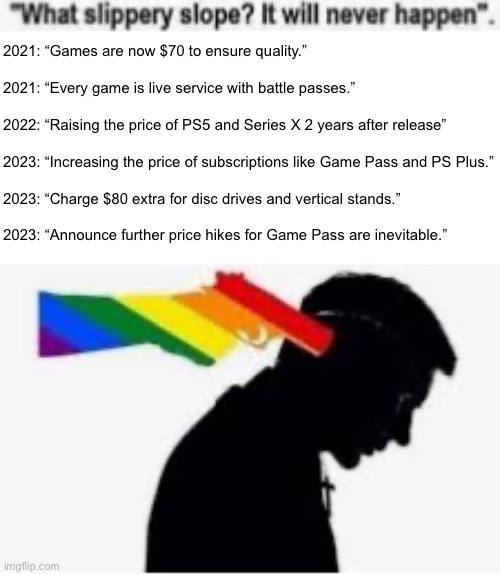 2021: “Games are now $70 to ensure quality.”
 
2021: “Every game is live service with battle passes.”
 
2022: “Raising the price of PS5 and Series X 2 years after release”
 
2023: “Increasing the price of subscriptions like Game Pass and PS Plus.”
 
2023: “Charge $80 extra for disc drives and vertical stands.”
 
2023: “Announce further price hikes for Game Pass are inevitable.” | made w/ Imgflip meme maker