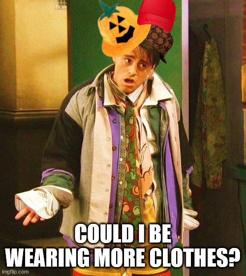 Joey Friends Could I be wearing more clothes | COULD I BE WEARING MORE CLOTHES? | image tagged in joey friends could i be wearing more clothes | made w/ Imgflip meme maker