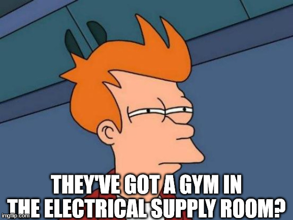 Futurama Fry Meme | THEY'VE GOT A GYM IN THE ELECTRICAL SUPPLY ROOM? | image tagged in memes,futurama fry | made w/ Imgflip meme maker