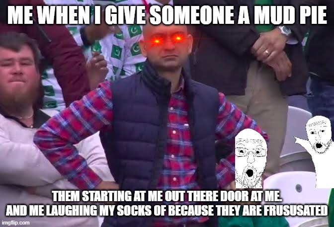 MUD PIE IN QUESTION??!?/1 | ME WHEN I GIVE SOMEONE A MUD PIE; THEM STARTING AT ME OUT THERE DOOR AT ME. AND ME LAUGHING MY SOCKS OF BECAUSE THEY ARE FRUSUSATED | image tagged in disappointed man | made w/ Imgflip meme maker