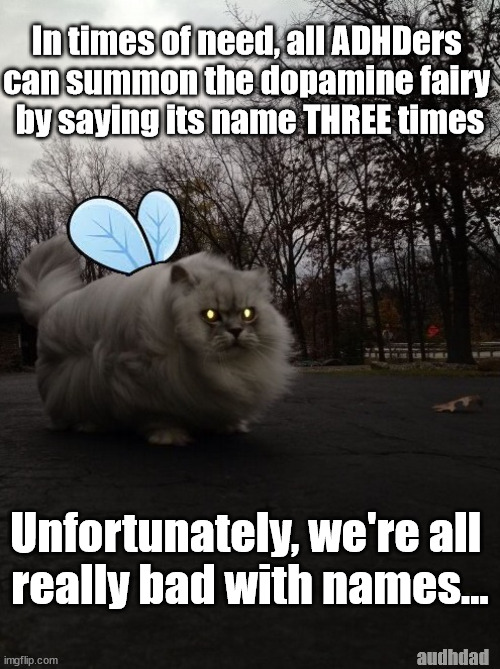 The Dopamine Fairy | In times of need, all ADHDers 
can summon the dopamine fairy 
by saying its name THREE times; Unfortunately, we're all 
really bad with names... audhdad | image tagged in the dopamine fairy,memes,cats,dopamine,adhd,audhd | made w/ Imgflip meme maker
