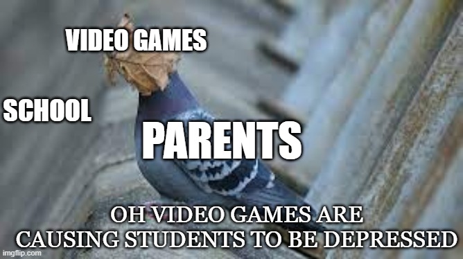 Pigeon and leaf | VIDEO GAMES; SCHOOL; PARENTS; OH VIDEO GAMES ARE CAUSING STUDENTS TO BE DEPRESSED | image tagged in pigeon and leaf | made w/ Imgflip meme maker