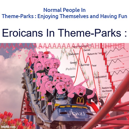 . | Normal People In Theme-Parks : Enjoying Themselves and Having Fun; Eroicans In Theme-Parks : | image tagged in pink wojak roller-coaster,pro-fandom,wojak,rage,offended | made w/ Imgflip meme maker