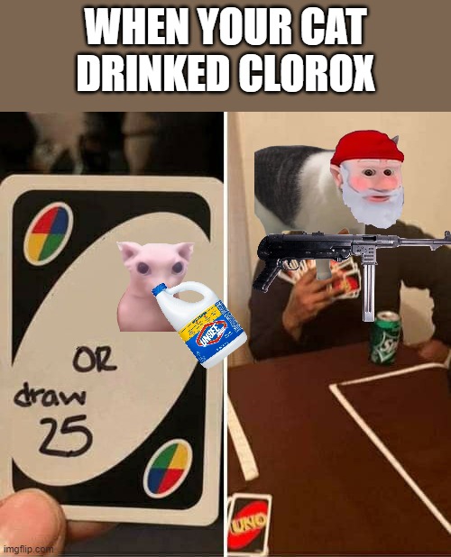 UNO Draw 25 Cards Meme | WHEN YOUR CAT DRINKED CLOROX | image tagged in memes,uno draw 25 cards | made w/ Imgflip meme maker