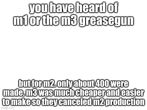 you have heard of m1 or the m3 greasegun; but for m2. only about 400 were made. m3 was much cheaper and easier to make so they canceled m2 production | made w/ Imgflip meme maker