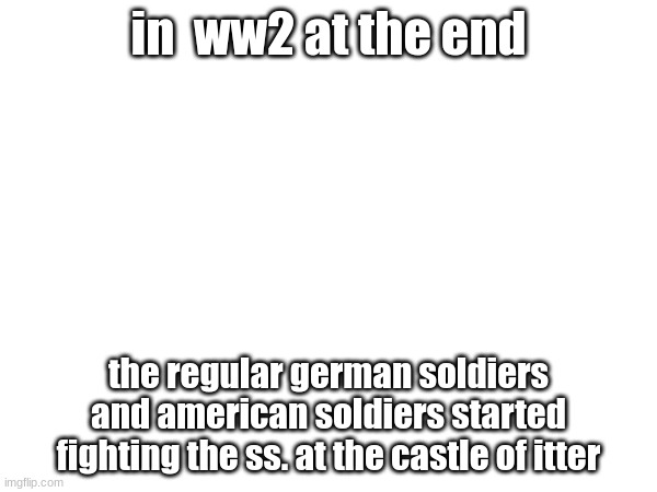 in  ww2 at the end; the regular german soldiers and american soldiers started fighting the ss. at the castle of itter | made w/ Imgflip meme maker