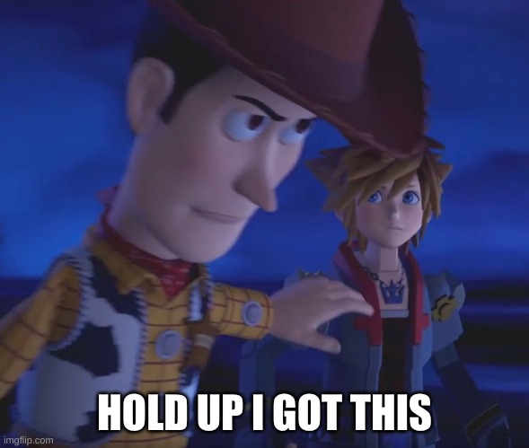 Woody stopping Sora meme template | HOLD UP I GOT THIS | image tagged in woody stopping sora meme template | made w/ Imgflip meme maker